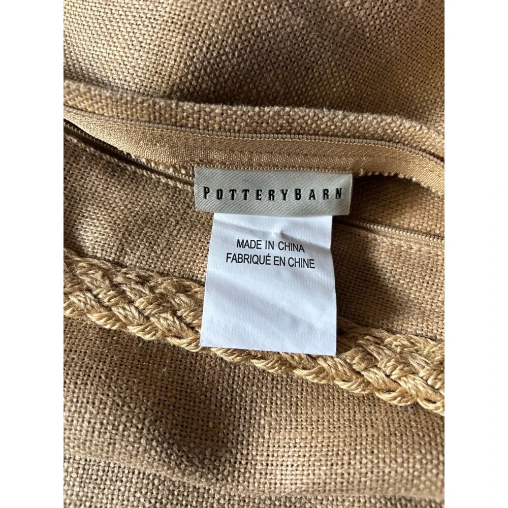 Pottery Barn Set of 2 Linen Pillow Covers 20x20 Braided Jute Trim Beige Tan